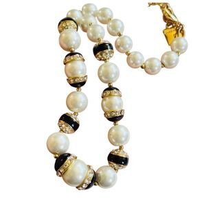 VTG Anne Klein Pearl Necklace Designer Bead Gold tone signed Jeweled Rare 18"